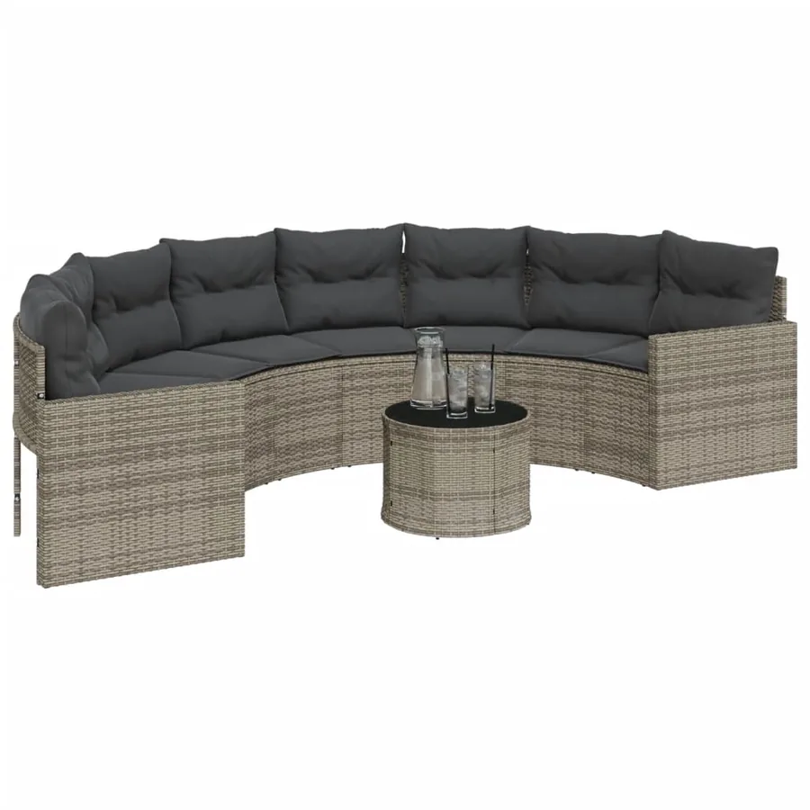Canapé de jardin table coussins demi-rond gris résine tressée - 3