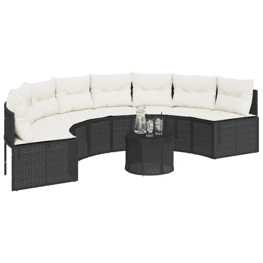 Canapé de jardin table coussins demi-rond noir résine tressée - 3