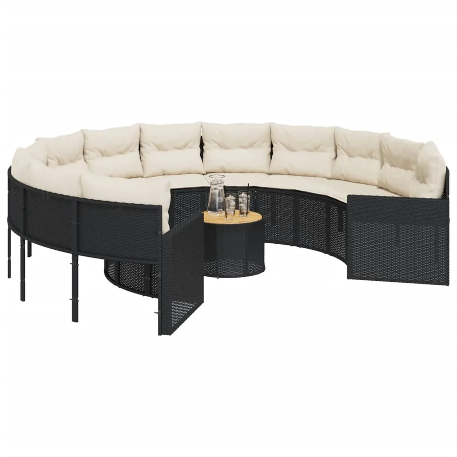 Canapé de jardin avec table coussins rond noir résine tressée - 3