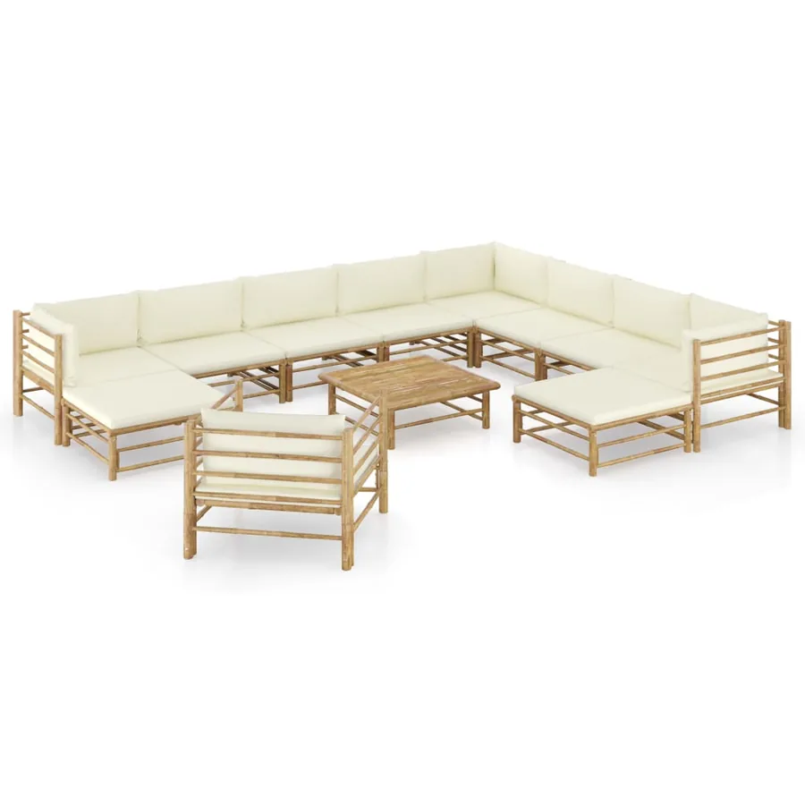 Garden lounge set 12 pcs with creamy white cushions bamboo