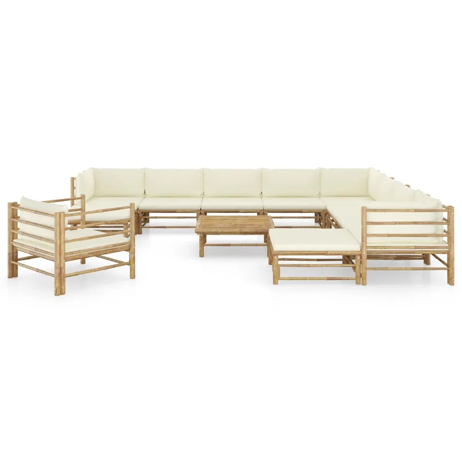 Garden lounge set 12 pcs with creamy white cushions bamboo - 2
