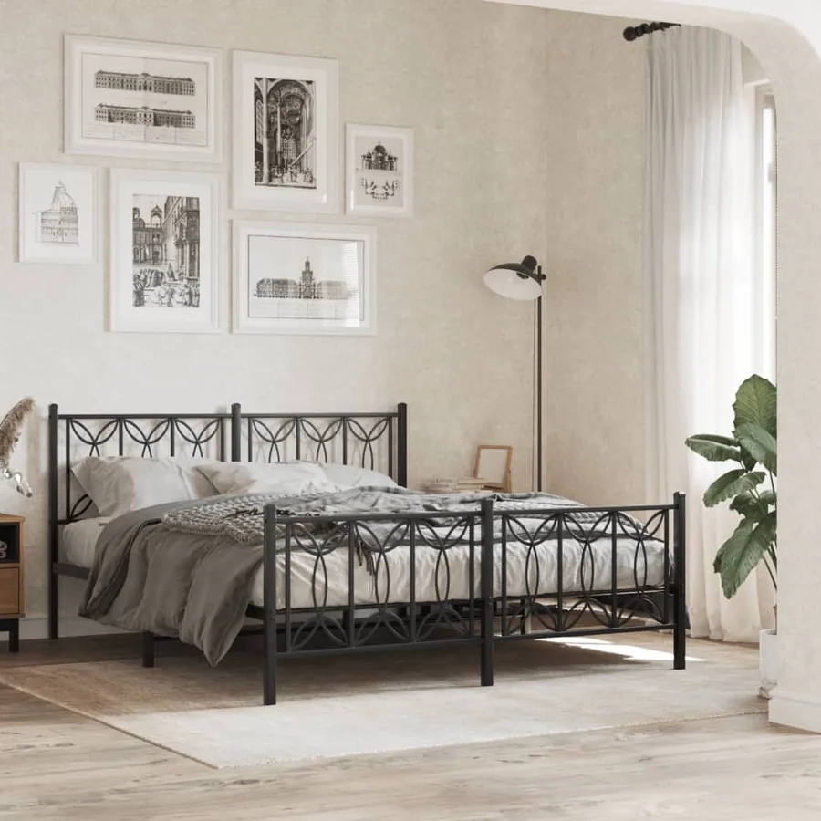 Cadre de lit métal sans matelas avec pied de lit noir 150x200cm