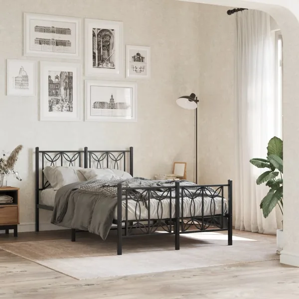 Cadre de lit métal sans matelas avec pied de lit noir 120x190cm