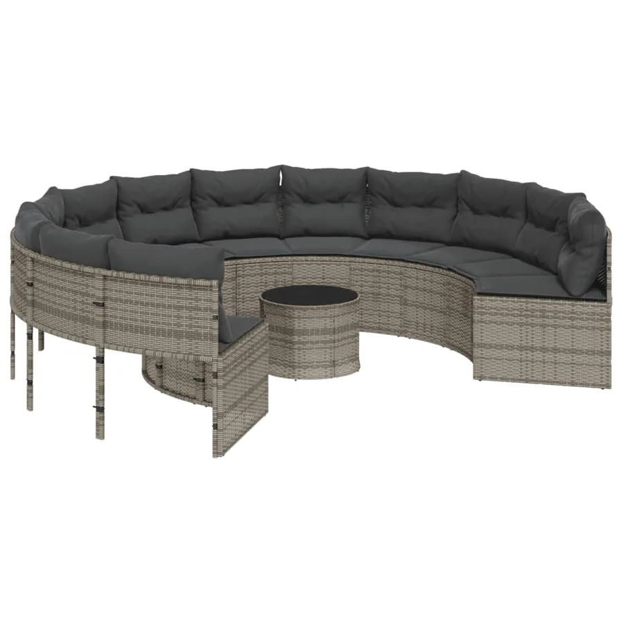Canapé de jardin avec table coussins rond gris résine tressée - 2