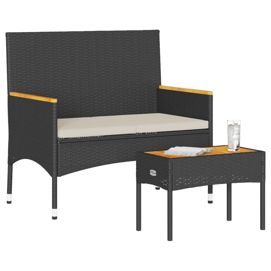 Banc de jardin 2 places avec coussins/table noir résine tressée - 3