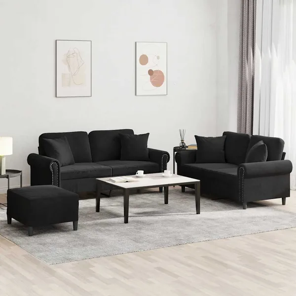 Ensemble de canapés 3 pcs avec coussins noir velours