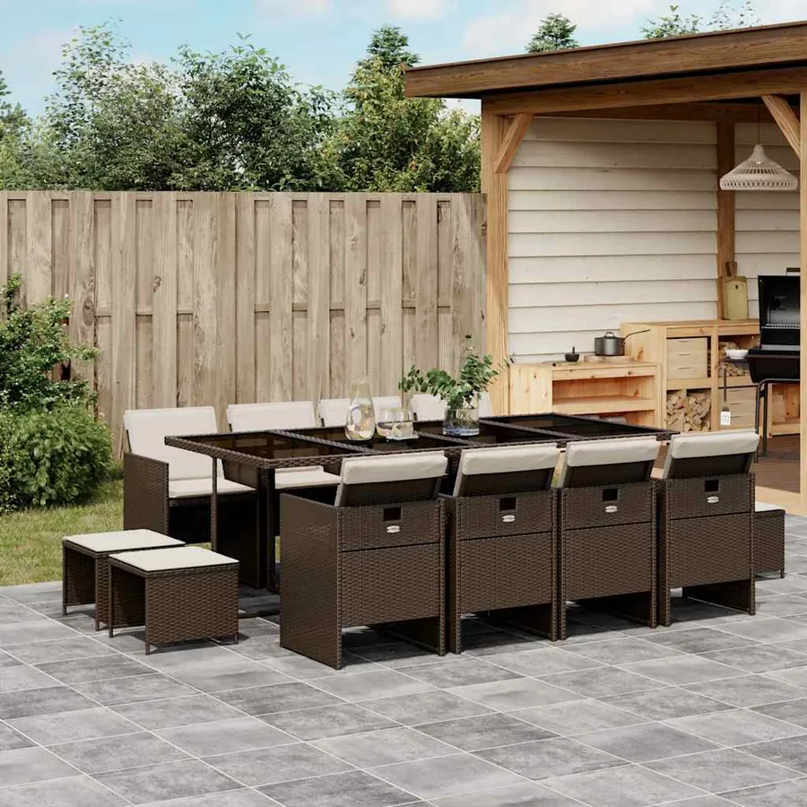 Ensemble à manger de jardin avec coussins 13 pcs marron rotin