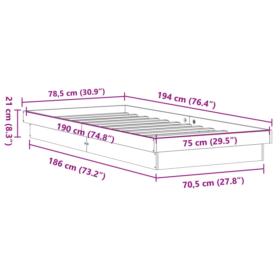 Cadre de lit à LED sans matelas 75x190 cm bois massif - 16