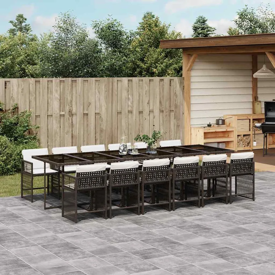 Ensemble à manger de jardin avec coussins 13 pcs marron rotin