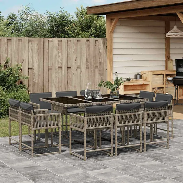 Ensemble à manger de jardin 11pcs avec coussins gris poly rotin