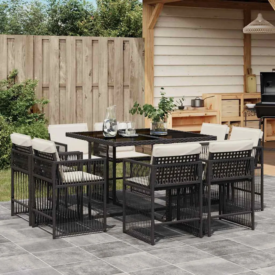 Ensemble à manger de jardin 9pcs coussins noir résine tressée