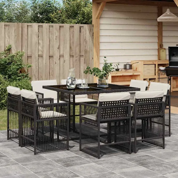 Ensemble à manger de jardin 9pcs coussins noir résine tressée