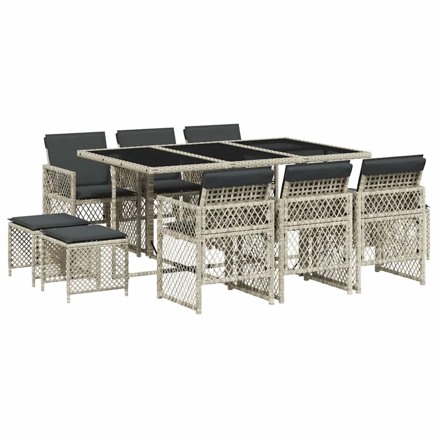 Ensemble à manger de jardin 11pcs avec coussins gris poly rotin - 2