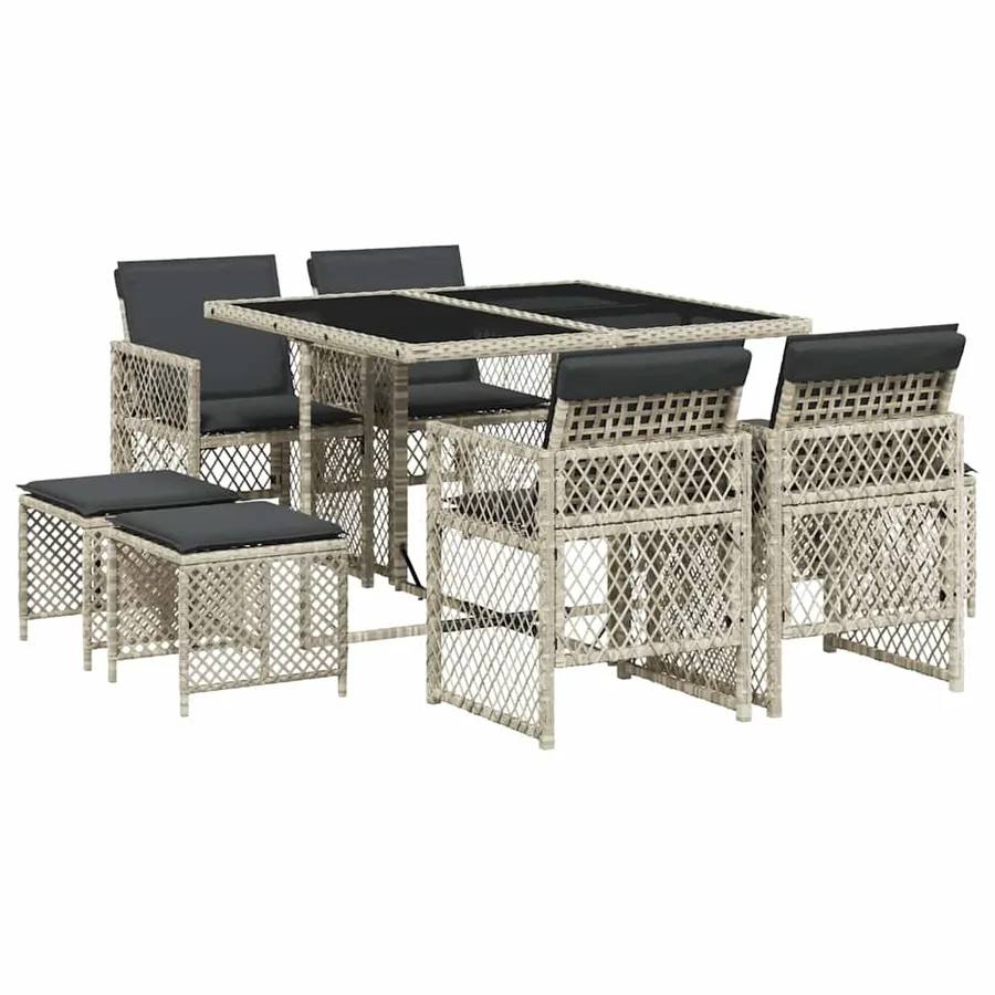 Ensemble à manger de jardin et coussins 9 pcs gris clair rotin - 2