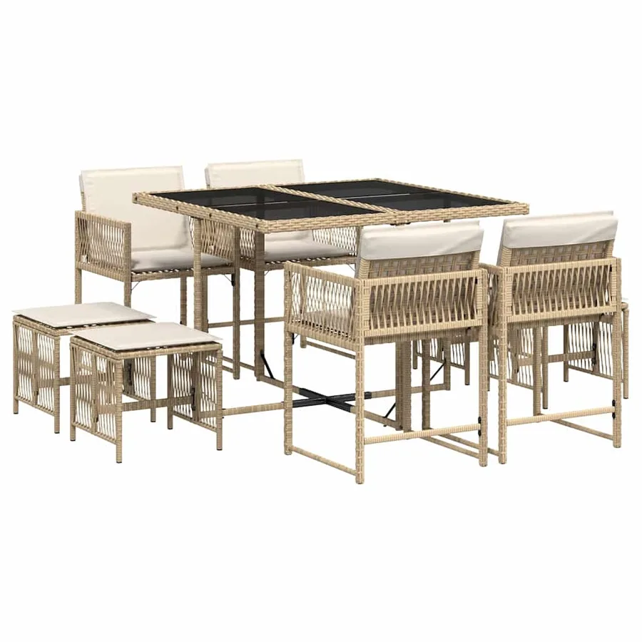 Ensemble à manger de jardin et coussins 9 pcs beige Poly rotin - 2