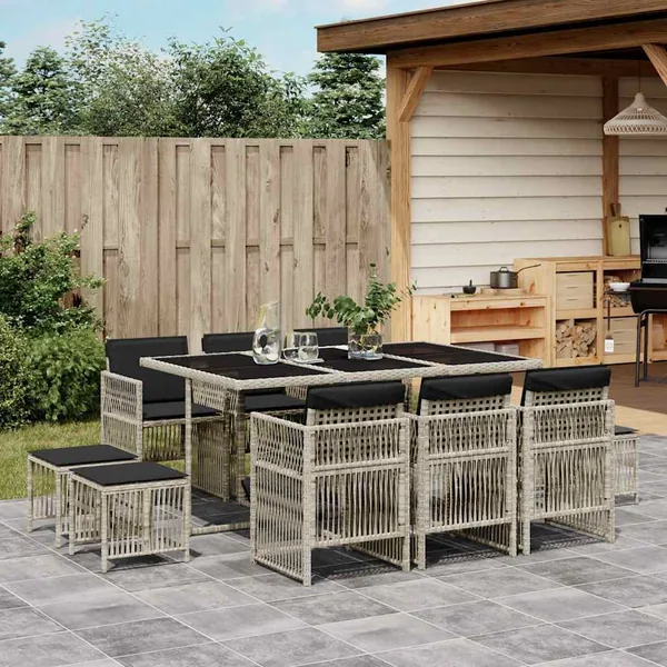 Ensemble à manger de jardin 11pcs avec coussins gris poly rotin