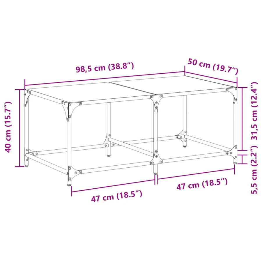 Table basse avec dessus en verre noir 98,5x50x40 cm acier - 9