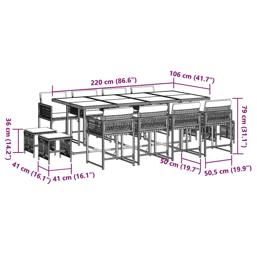 Ensemble à manger de jardin avec coussins 13 pcs marron rotin - 6