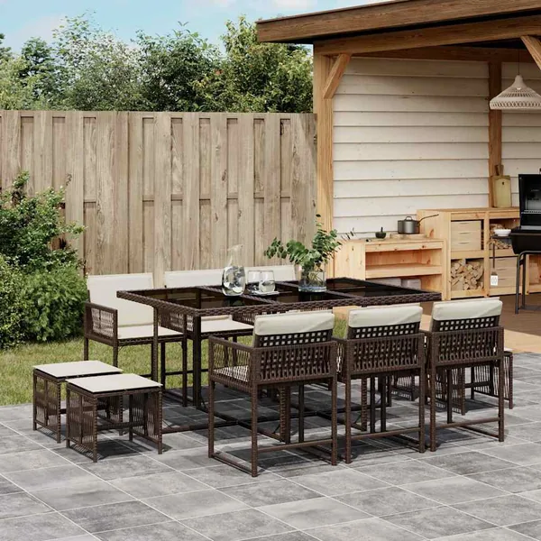 Ensemble à manger de jardin et coussins 11 pcs marron rotin