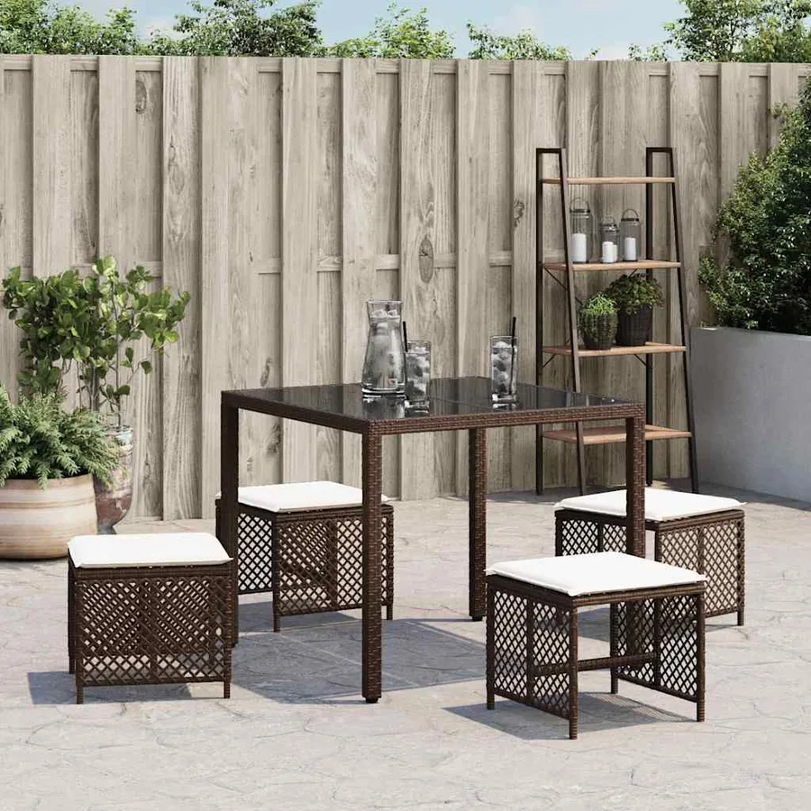 Tabourets de jardin et coussins lot de 4 marron résine tressée - 3