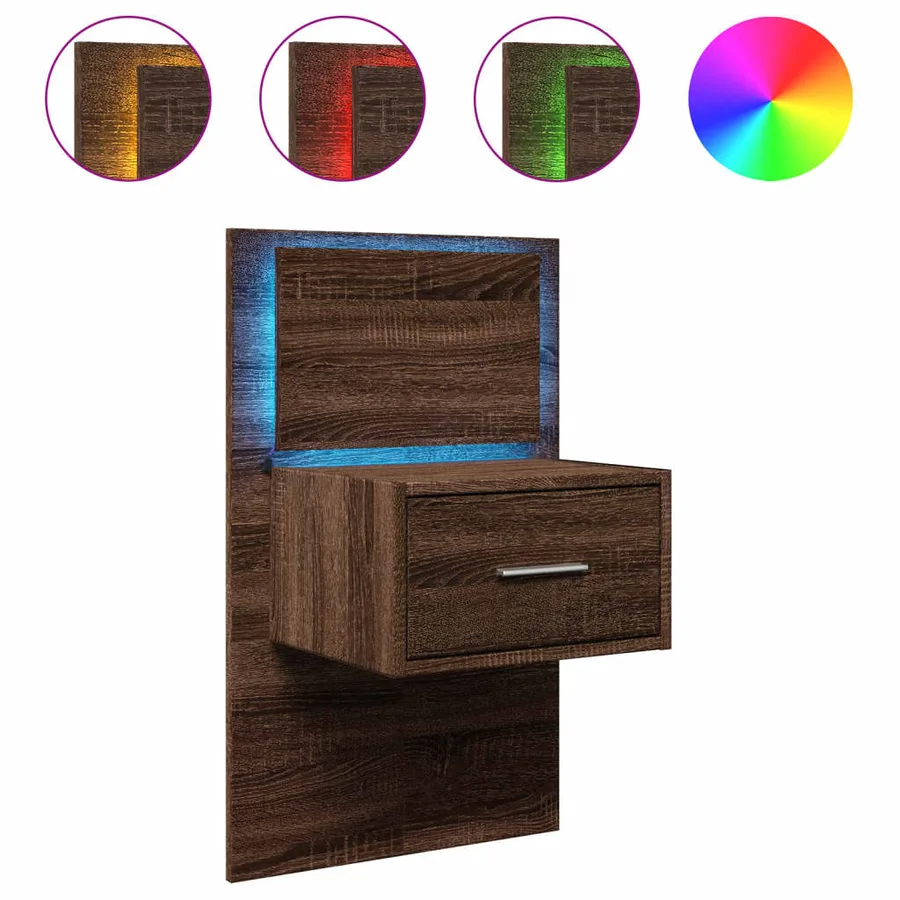 Table de chevet murale avec lumières LED chêne marron - 2