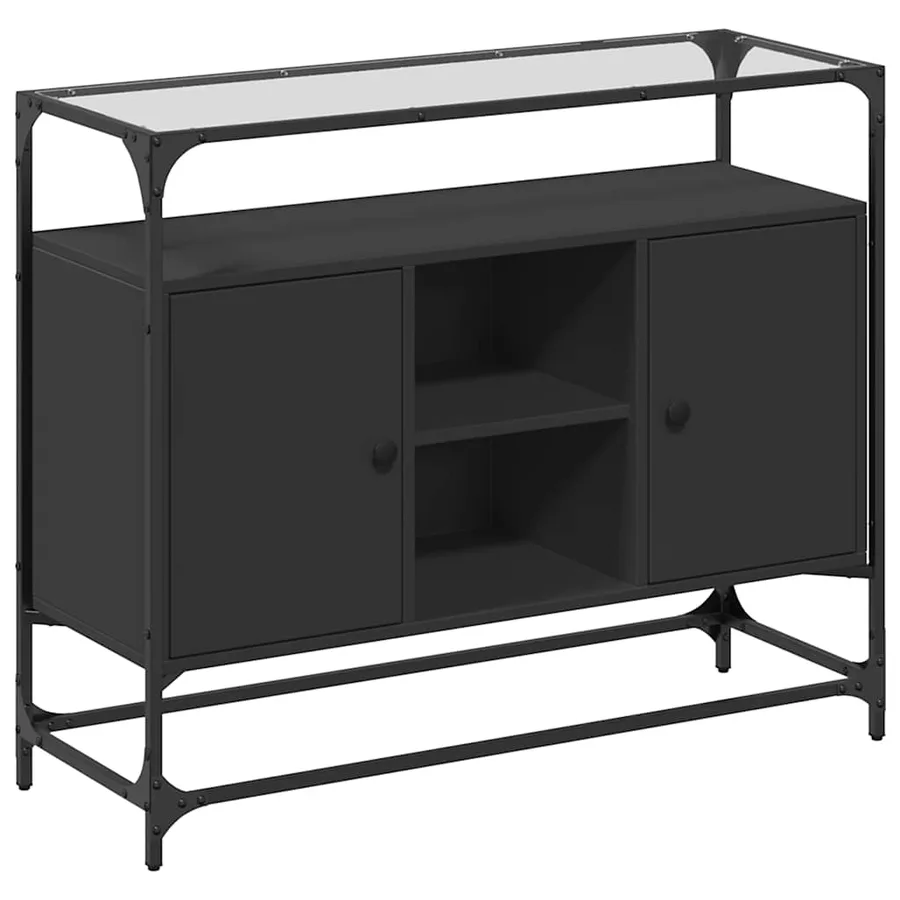 Buffet avec dessus en verre noir 98x35x81 cm bois d'ingénierie - 2