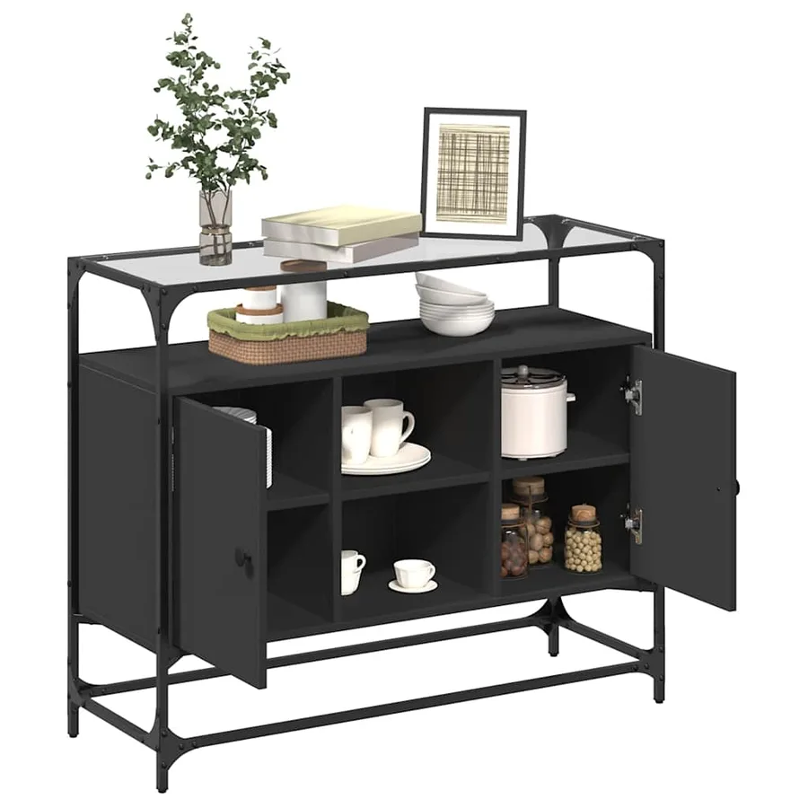 Buffet avec dessus en verre noir 98x35x81 cm bois d'ingénierie - 3