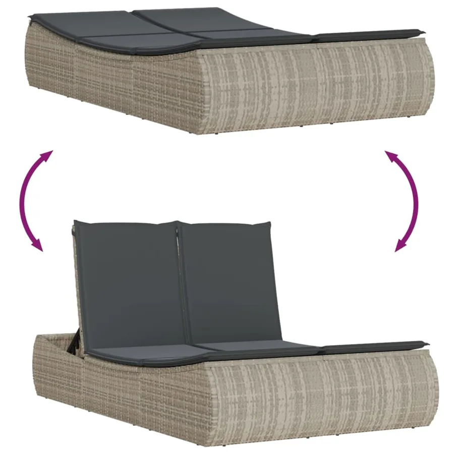 Chaise longue double avec coussins gris clair résine tressée - 7