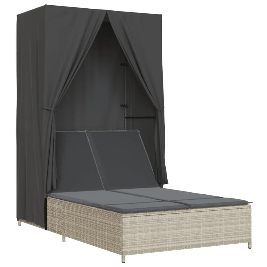 Chaise longue double avec toit et rideaux gris clair poly rotin - 2