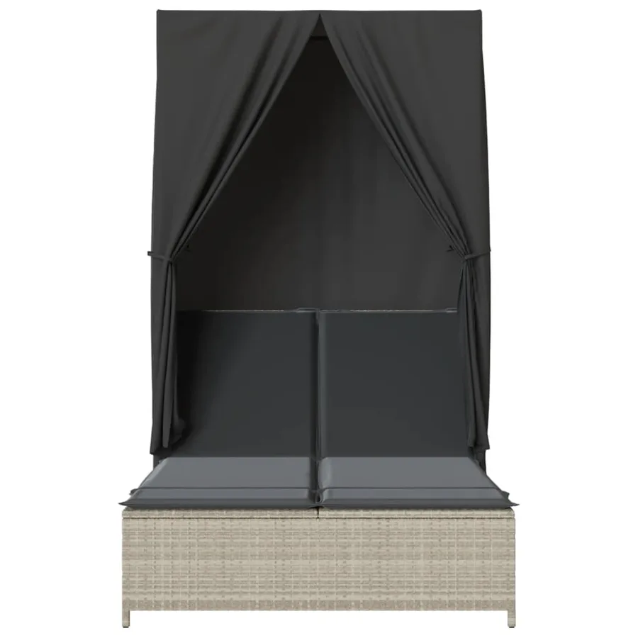 Chaise longue double avec toit et rideaux gris clair poly rotin - 4
