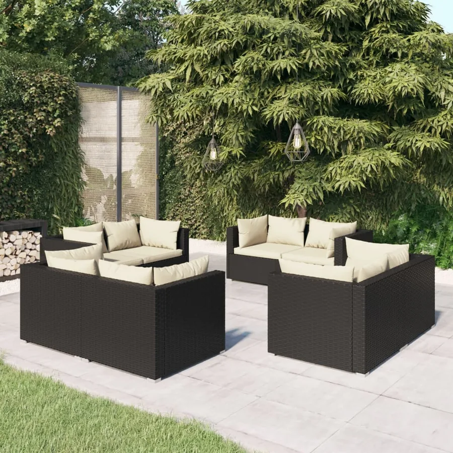 Garden lounge set 8 pcs with cushions Poly rattan Black