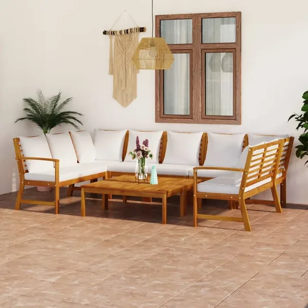 9 pcs garden lounge set with cushion Cream Solid acacia wood