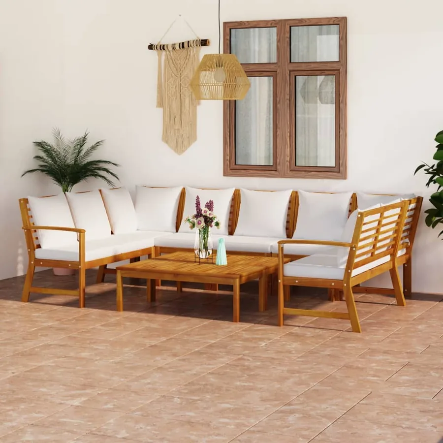 Salon de jardin 9 pcs avec coussin Crème Bois d'acacia solide