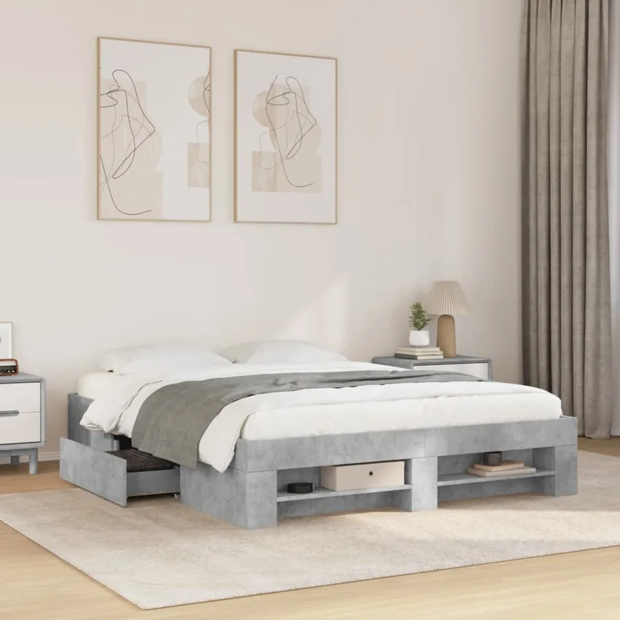 Cadre de lit sans matelas gris béton 150x200 cm bois ingénierie