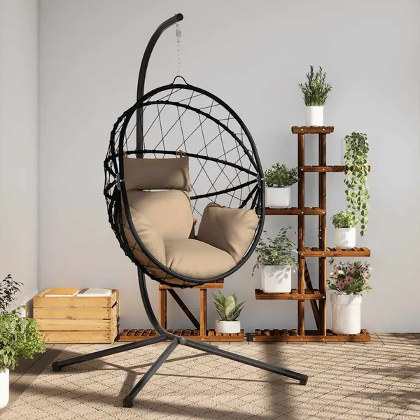 Chaise suspendue en forme d'œuf et support taupe rotin et acier