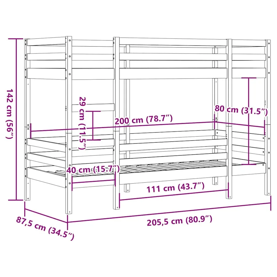 Lit superposé sans matelas 80x200 cm bois de pin massif - 11
