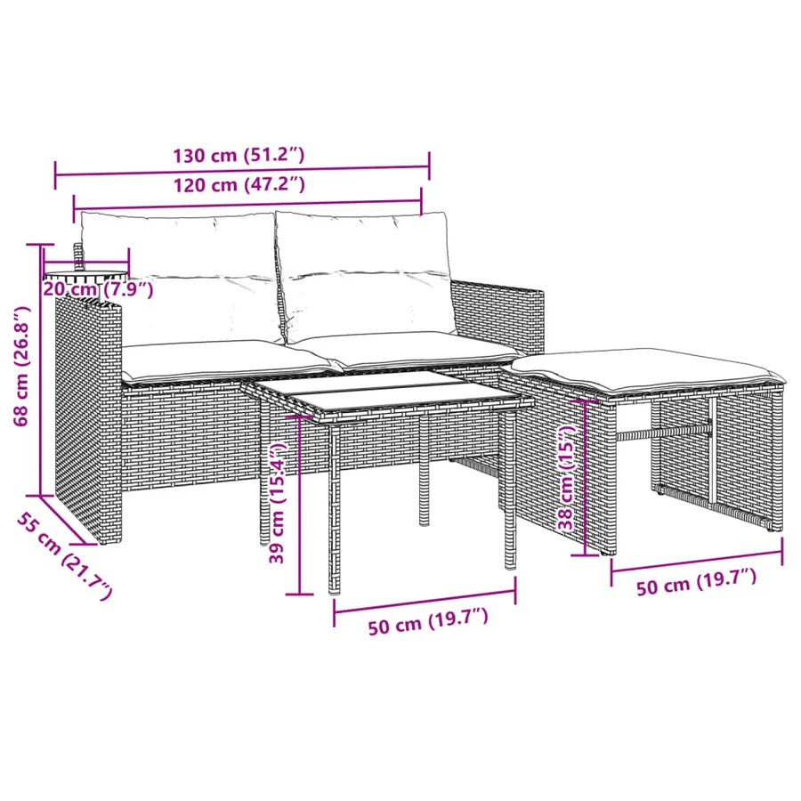 Salon de jardin 3 pcs avec coussins noir résine tressée - 12