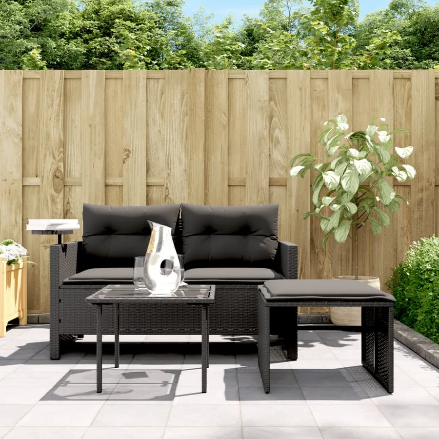 Salon de jardin 3 pcs avec coussins noir résine tressée - 3