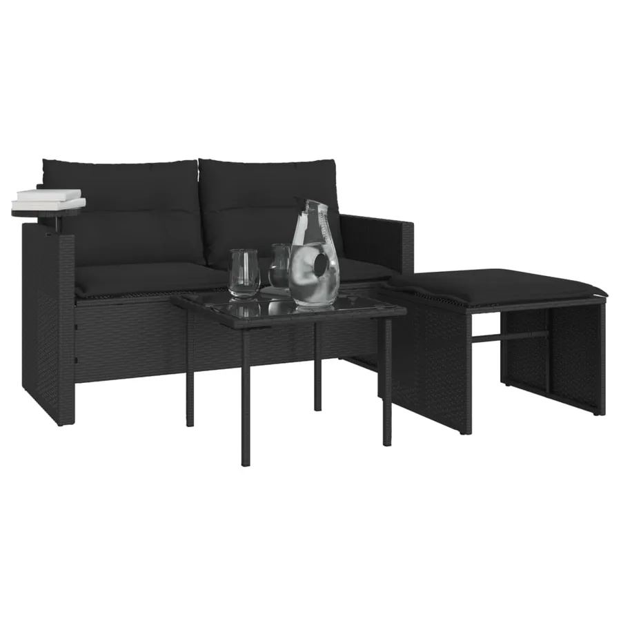 Salon de jardin 3 pcs avec coussins noir résine tressée - 4