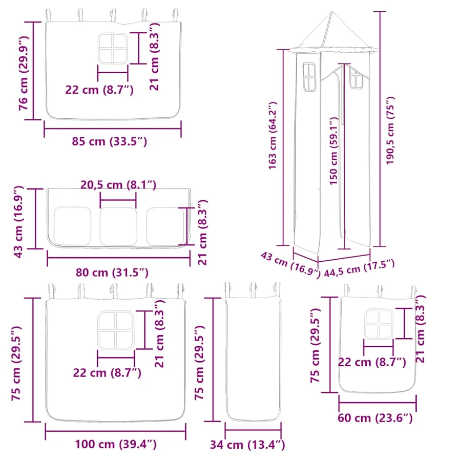 Lit superposé sans matelas avec toboggan et rideaux 80x200 cm - 17
