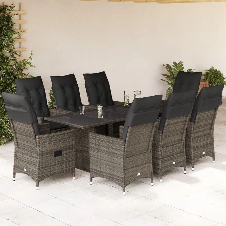 Ensemble à manger de jardin 9 pcs coussins gris résine tressée