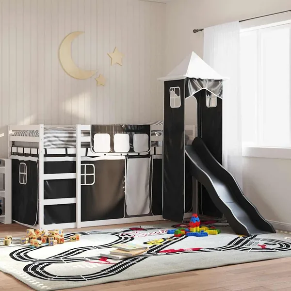 Lit superposé sans matelas avec toboggan blanc noir 90x200 cm