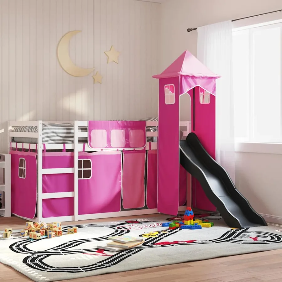 Lit superposé sans matelas avec toboggan et rideaux 90x200 cm