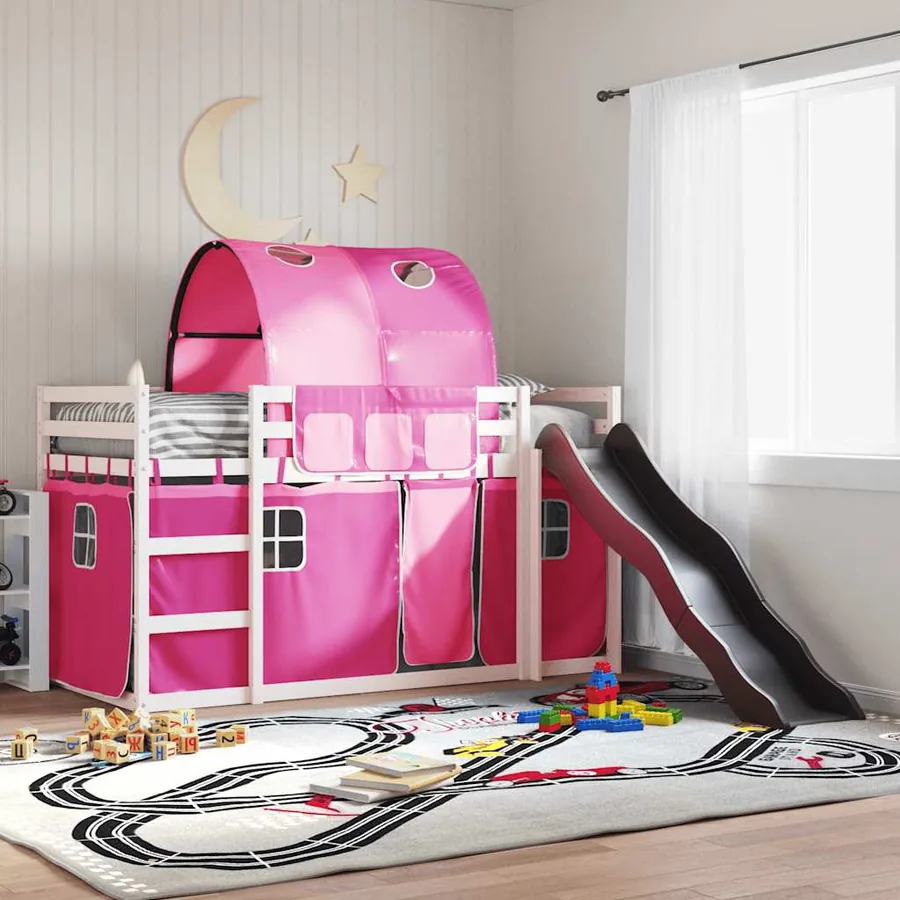 Lit superposé sans matelas avec toboggan et rideaux 90x200 cm