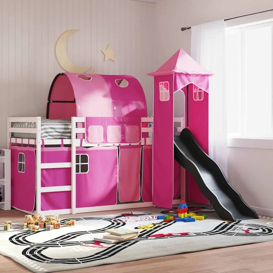Lit superposé sans matelas avec toboggan et rideaux 90x200 cm