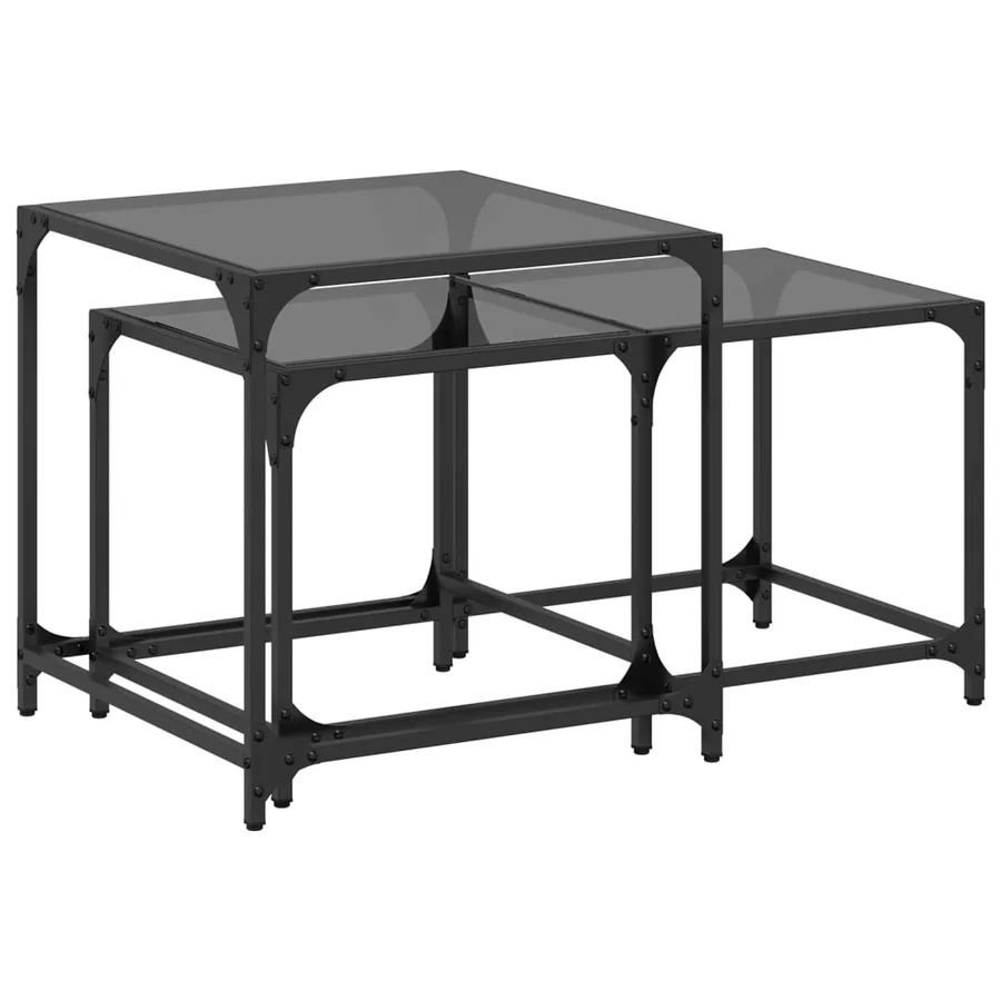 Tables basses gigognes 2 pcs dessus en verre noir acier - 2