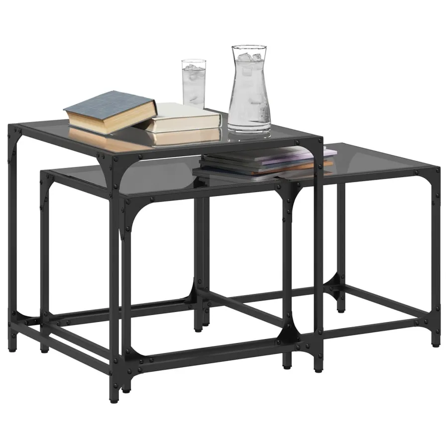 Tables basses gigognes 2 pcs dessus en verre noir acier - 3