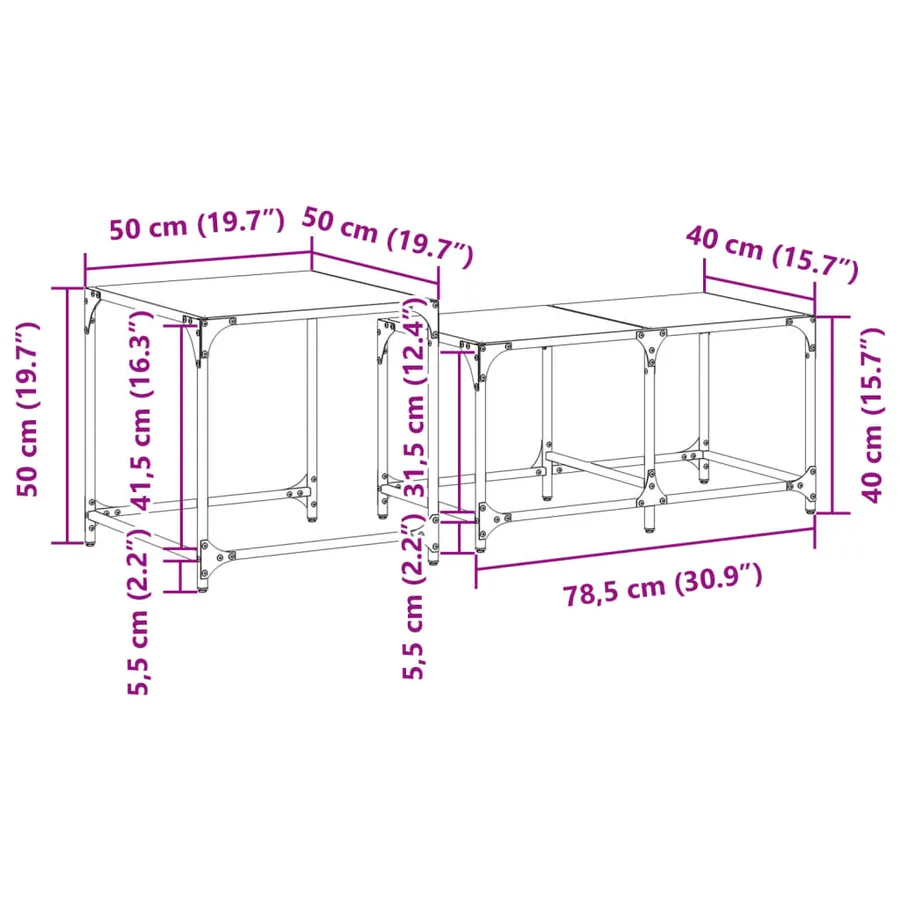Tables basses gigognes 2 pcs dessus en verre noir acier - 8