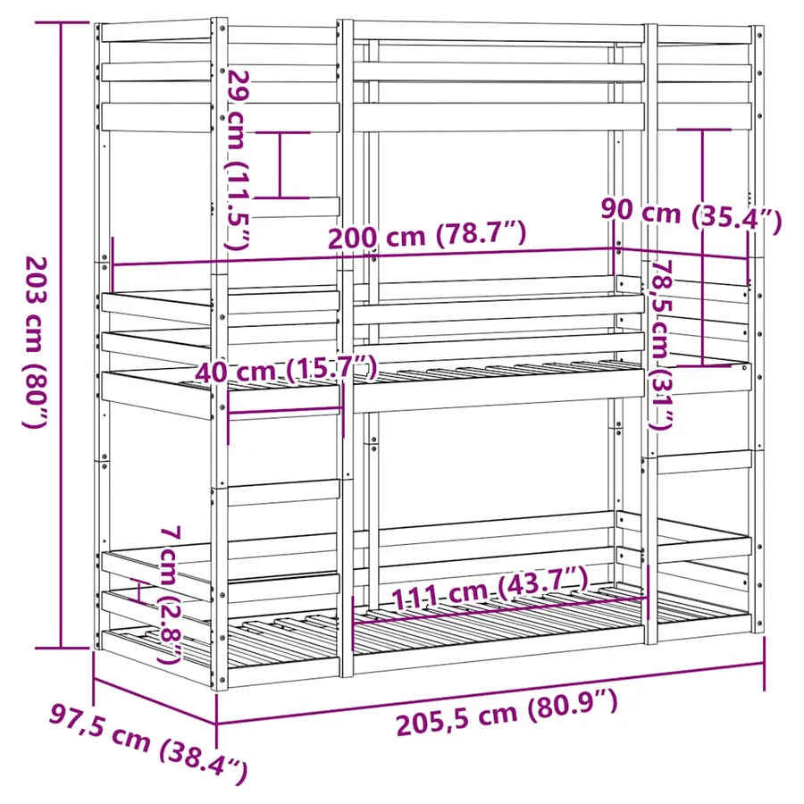 Lit superposé triple sans matelas 90x200 cm bois de pin massif - 10