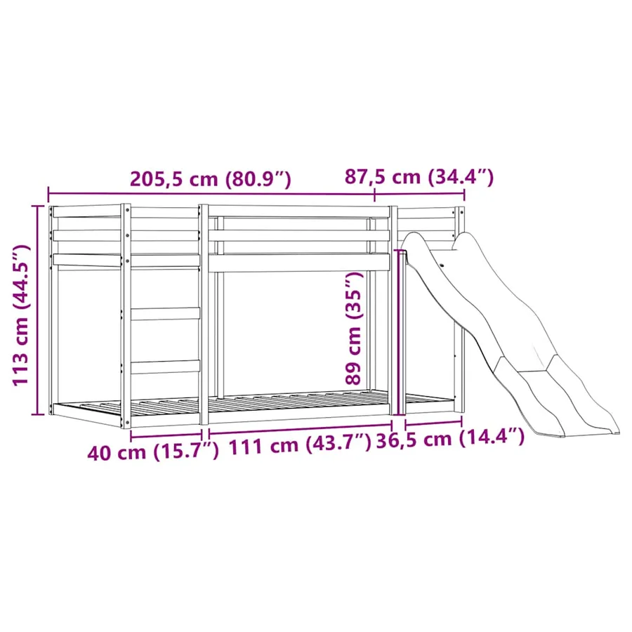 Lit superposé sans matelas avec toboggan et rideaux 80x200 cm - 16